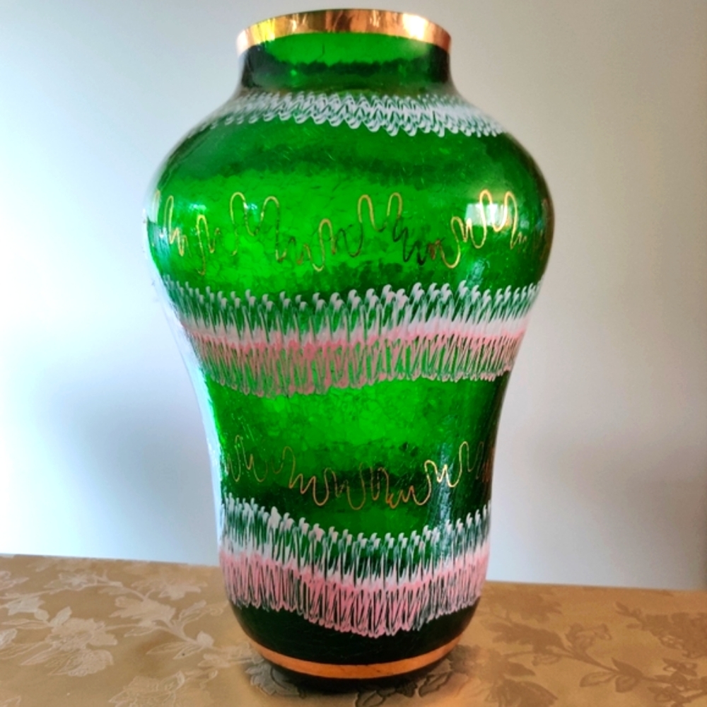 Vintage Murano Crackle Glass Tall Vase 12"